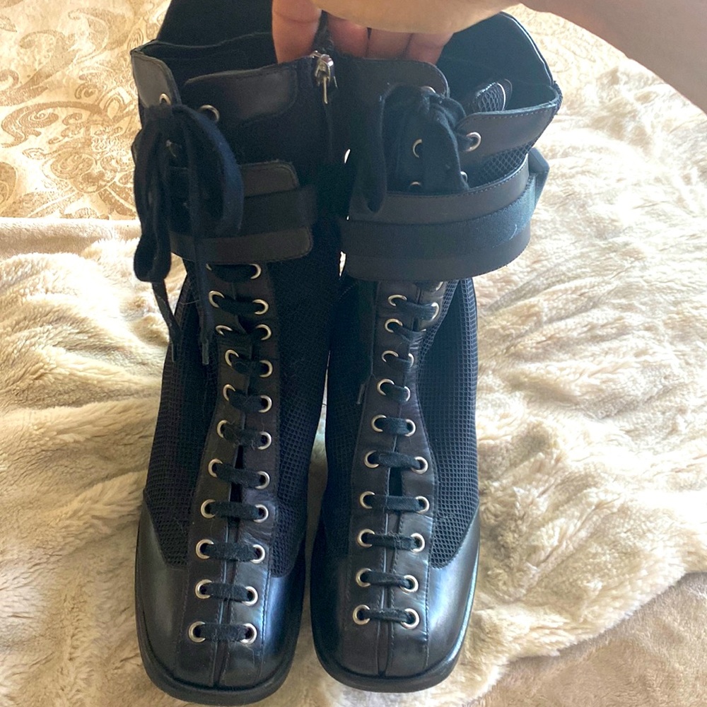 Versace black moto boot side zip laced front bought in Paris Versace store